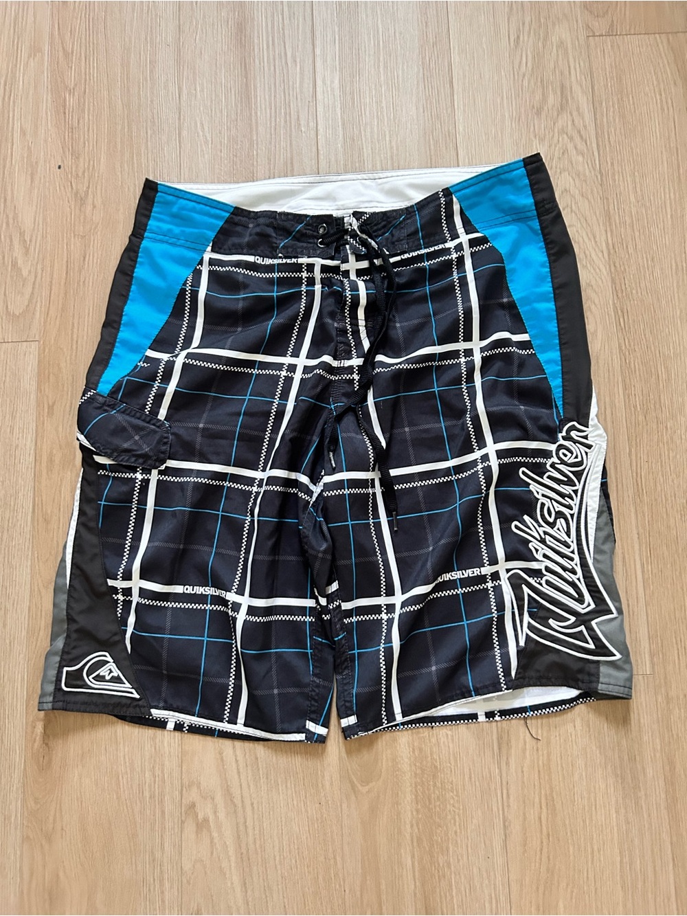Quiksilver Black, Blue & White Plaid Boardshorts
